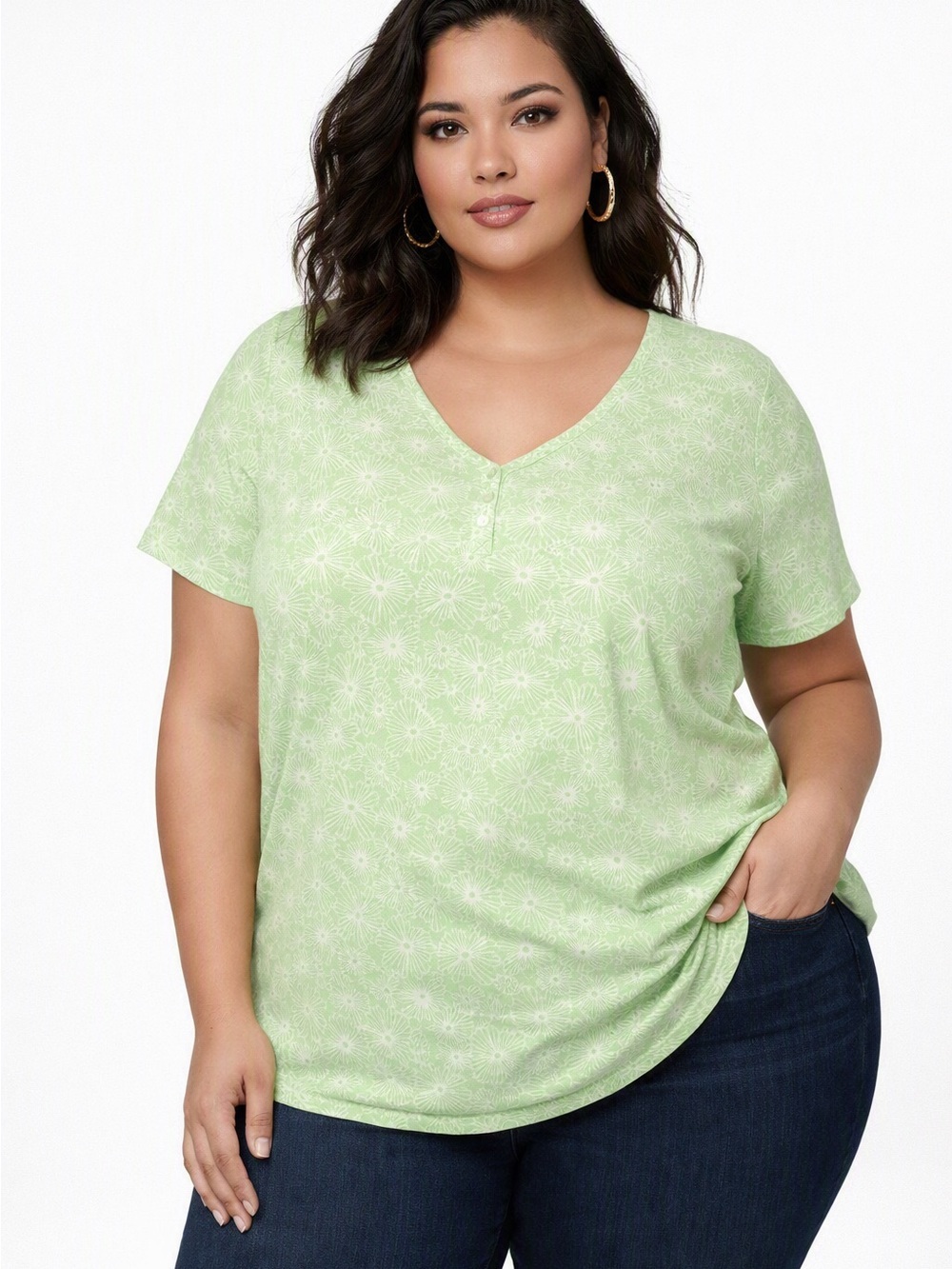 5/$25 George Mint Green Floral V-Neck T-Shirt Size 3X